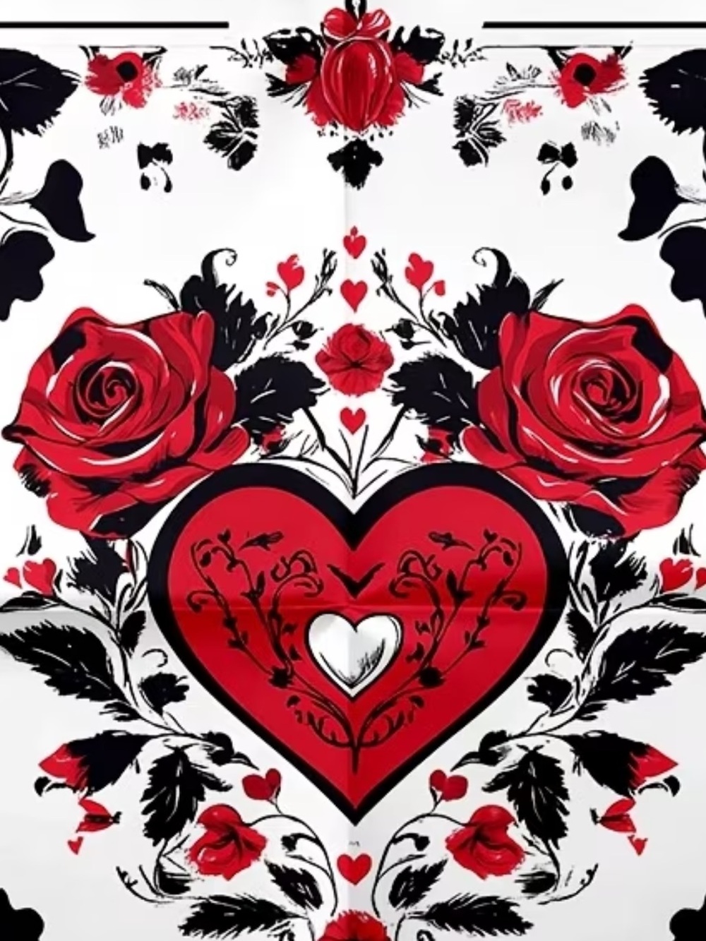 Red Rose Heart Scarf • Romantic Floral Square Scarf ~ Black White & Red